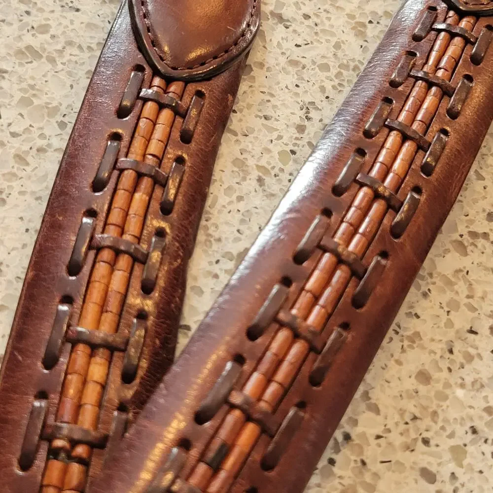 Brighton Mens Wooden Bead Genuine Leather Brown Braided Belt Silver Buckle✨️44